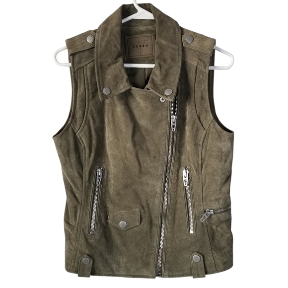 Blank NYC Olive Green Suede Leather Moto Vest Size S Zipper Snap Closures - Picture 1 of 11